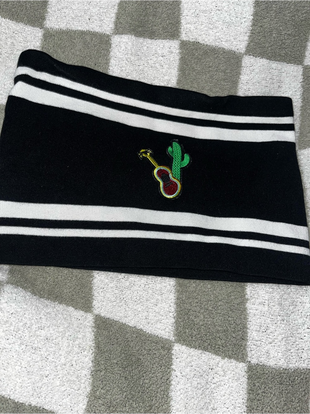 Black Tube Top with White Stripes and Guitar Cactus Patch